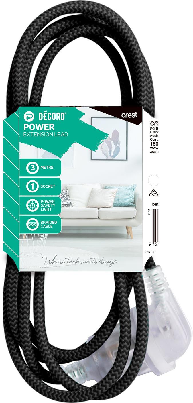 Decord Braided Extension Lead 3m (Black) Rewards Shop Australia